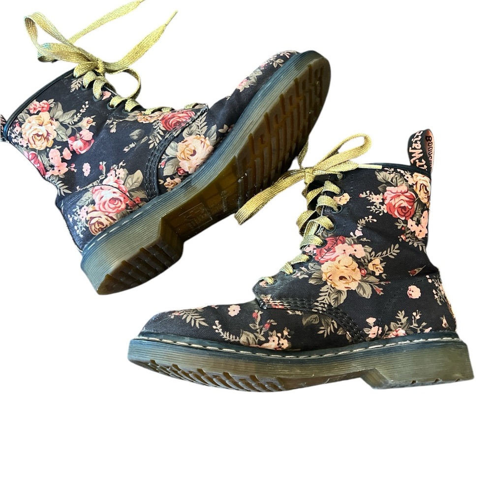Dr. Martens Floral Combat Boots in Black with Pink and Cream Roses